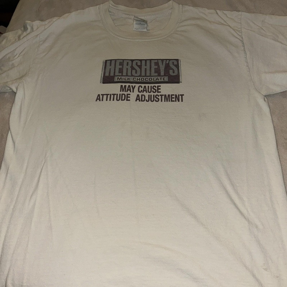 VINTAGE  Hersheys Shirt Mens Large White Brown May Cause Attitude‎ Adjustment